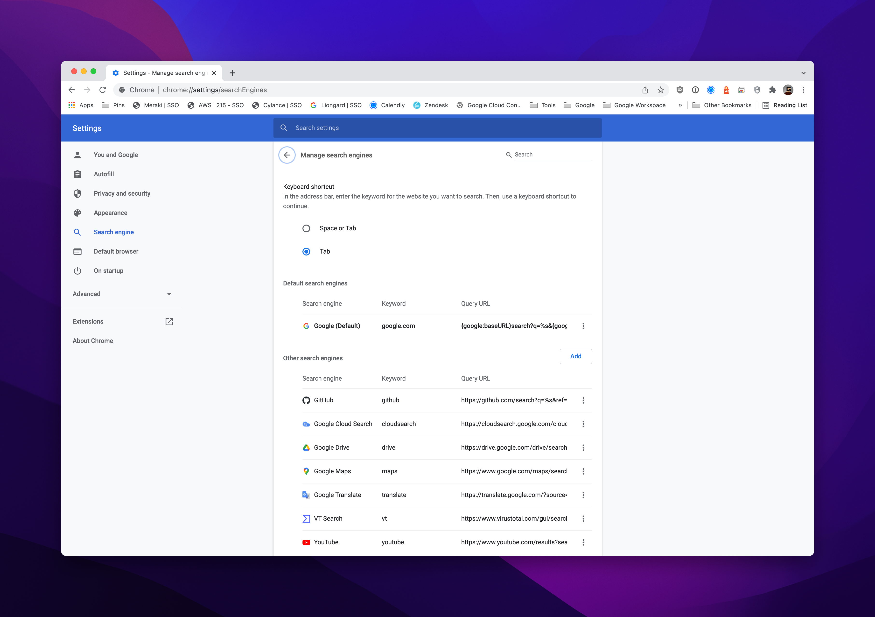Chrome Search engines page
