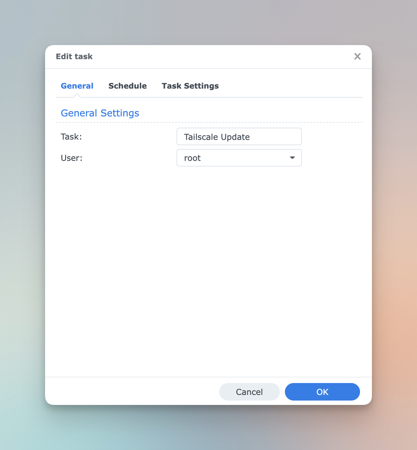 A screenshot of a Synology configuration page, creating a task called Synology Update and selecting the root user