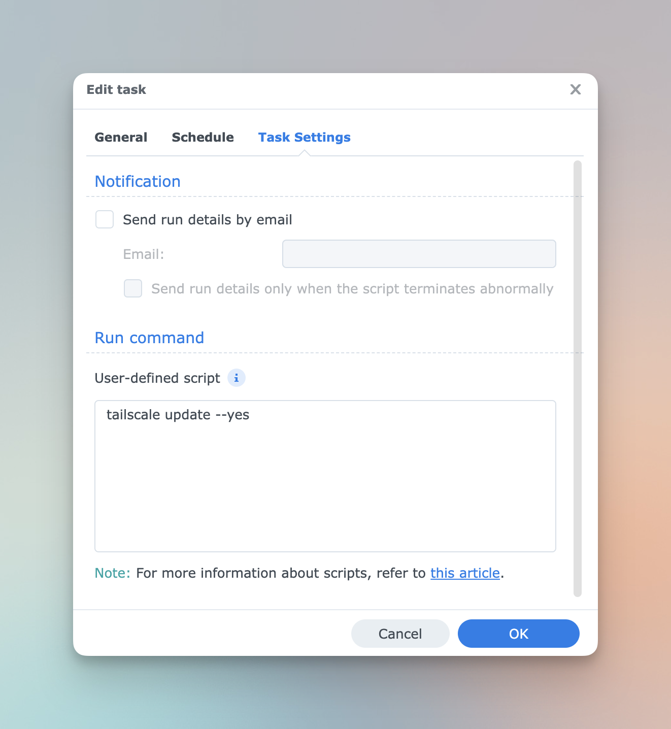 A Synology Task Settings page with the run command set up tailscale update --yes